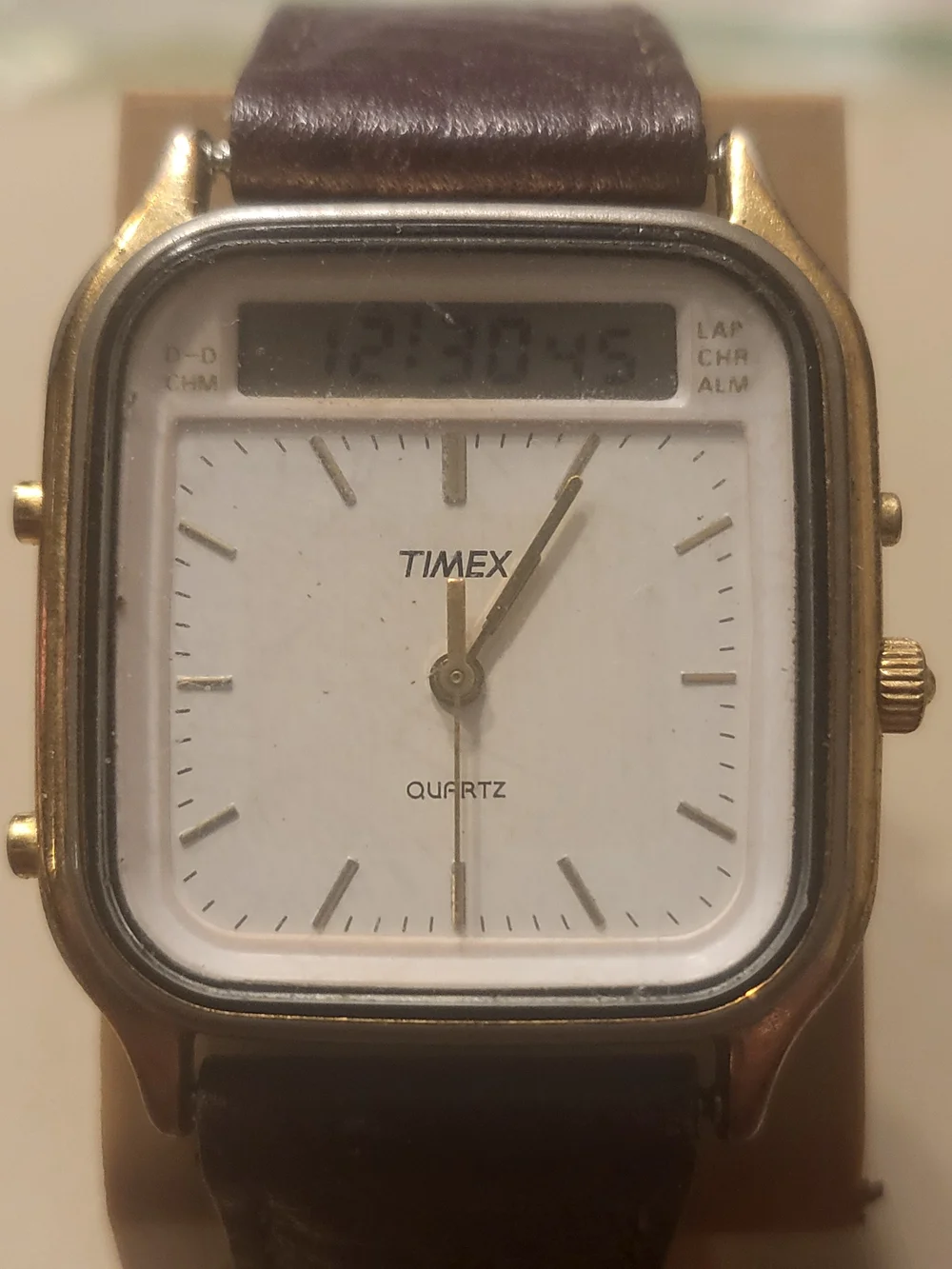 Vtg Timex Goldtone/Tan Leather Ana-Digi Alarm Chrono Men's Watch